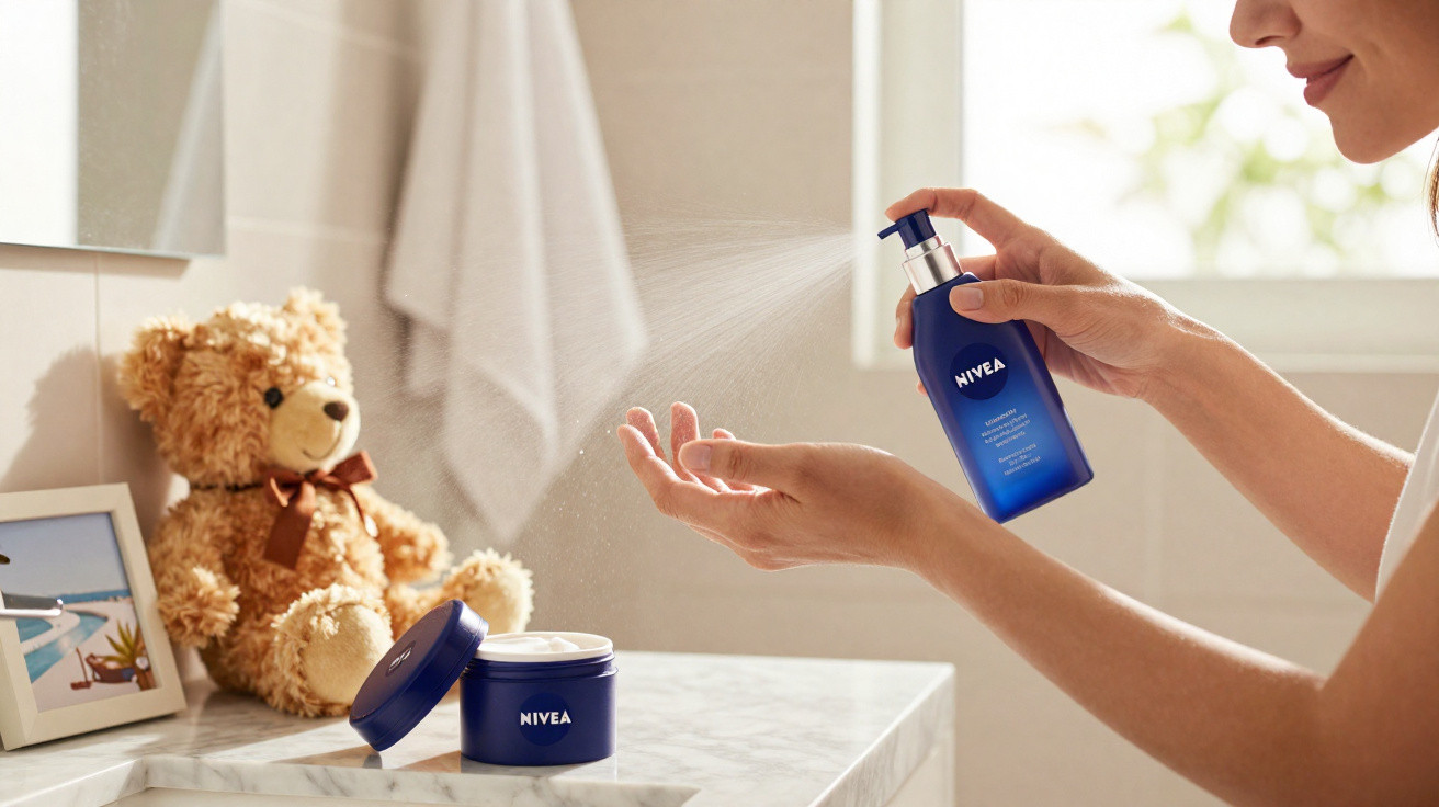Mulher aplica spray hidratante Nivea nas mãos numa casa de banho com urso de peluche ao fundo.