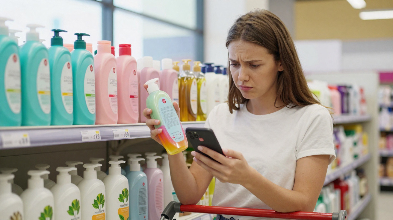 Mulher com carrinho de compras lê etiqueta de produto no supermercado enquanto olha para o telemóvel com expressão preocupada