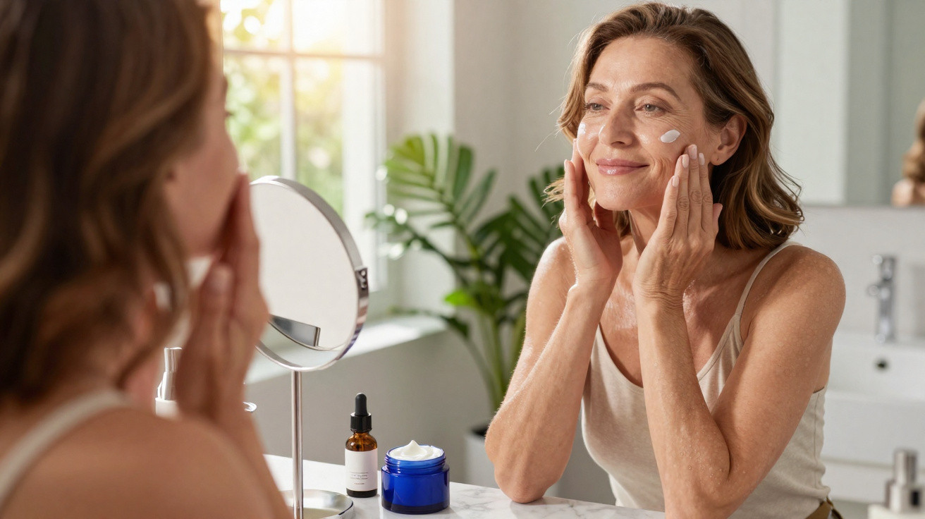 Mulher madura a aplicar creme facial Q10 ao lado de um espelho numa casa com luz natural.