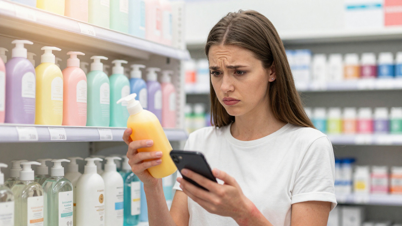 Mulher indecisa a olhar para o telemóvel enquanto segura frasco de gel num supermercado.