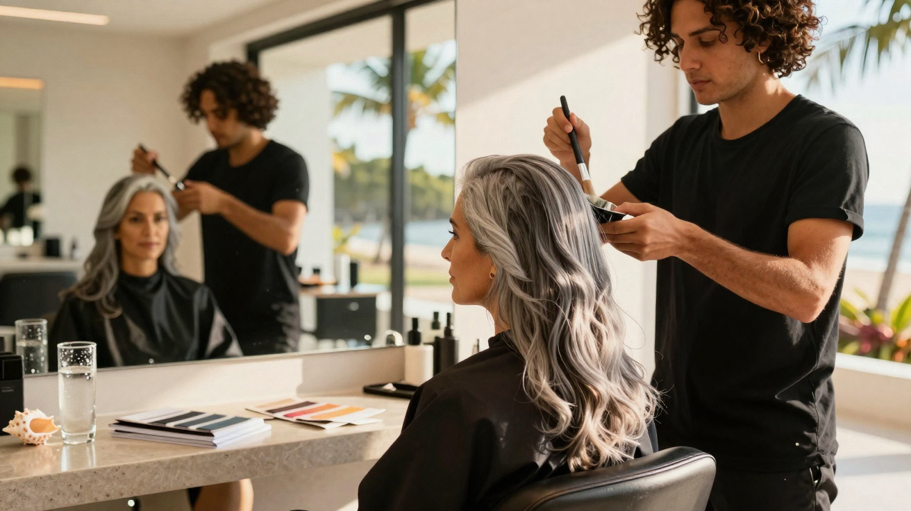 Homem pinta cabelo cinzento de mulher num salão de beleza com vista para o mar.