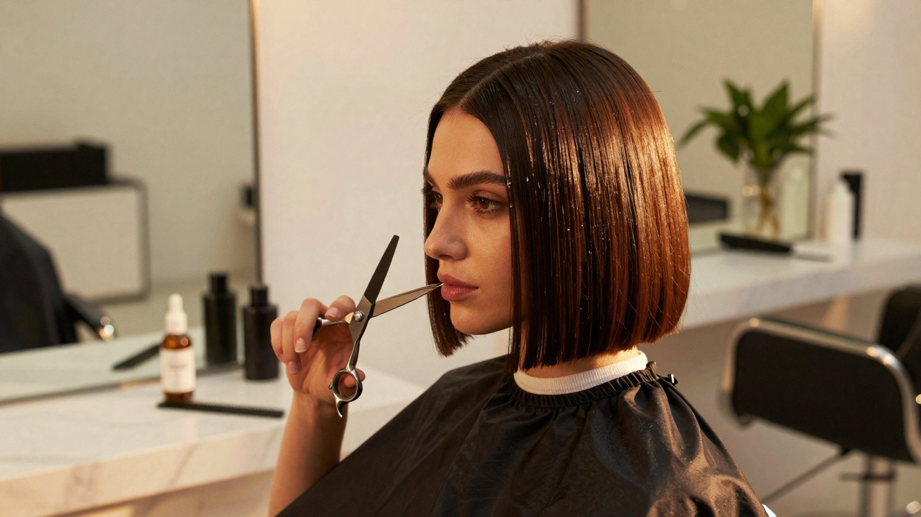 Mulher com expressão triste a receber corte de cabelo num salão de cabeleireiro.