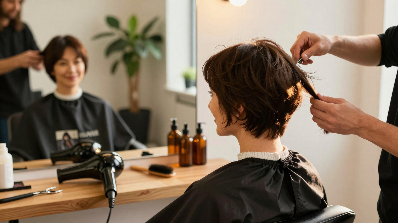 Pessoa com cabelo curto a ser penteada num salão de cabeleireiro, com utensílios na bancada à frente.