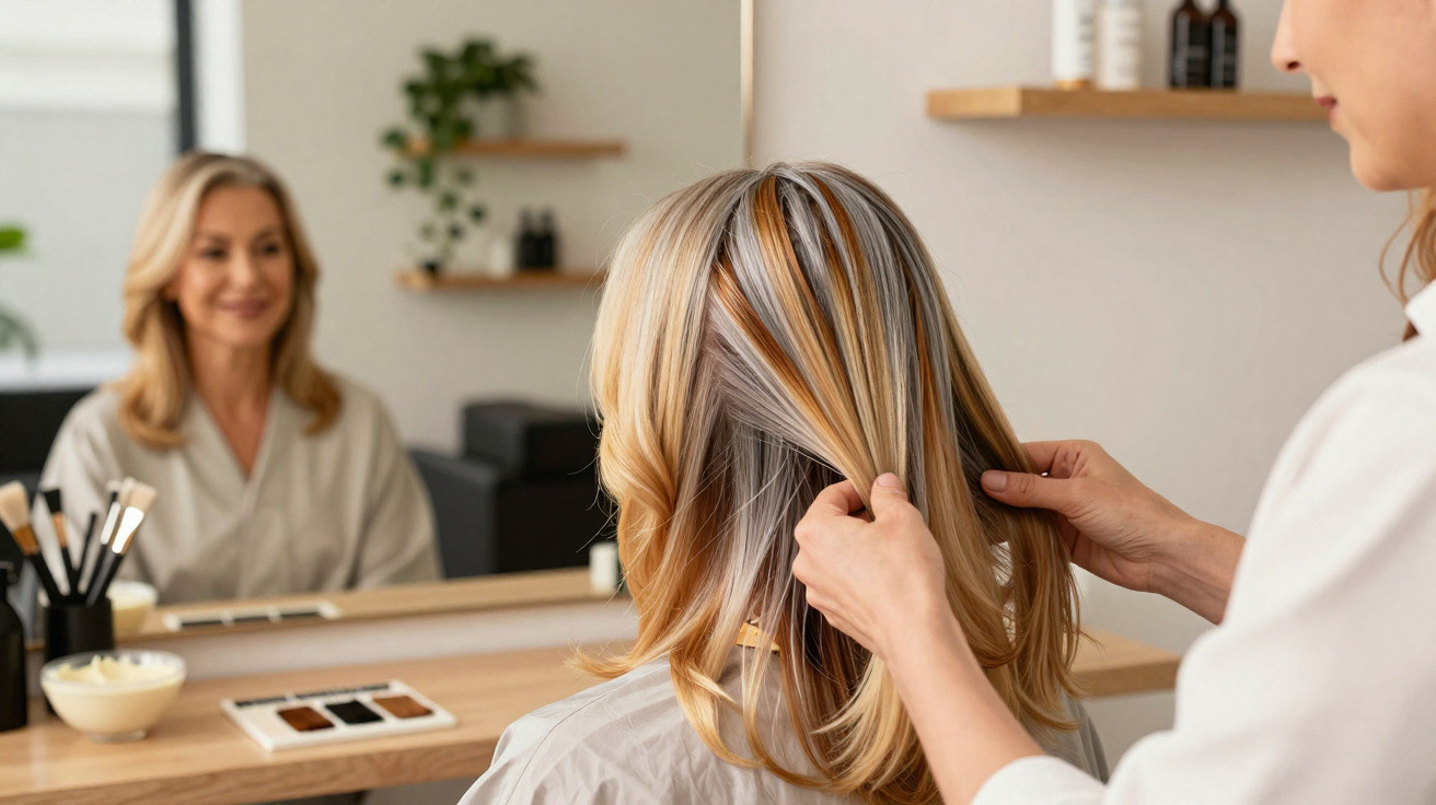 Cliente com capa cinzenta a olhar no espelho enquanto cabeleireiro mexe no cabelo loiro com reflexos na cabeleireira.