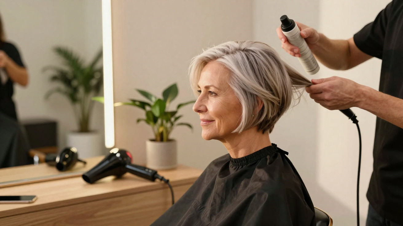 Mulher madura a sorrir enquanto cabeleireiro aplica spray no seu cabelo curto e branco num salão.