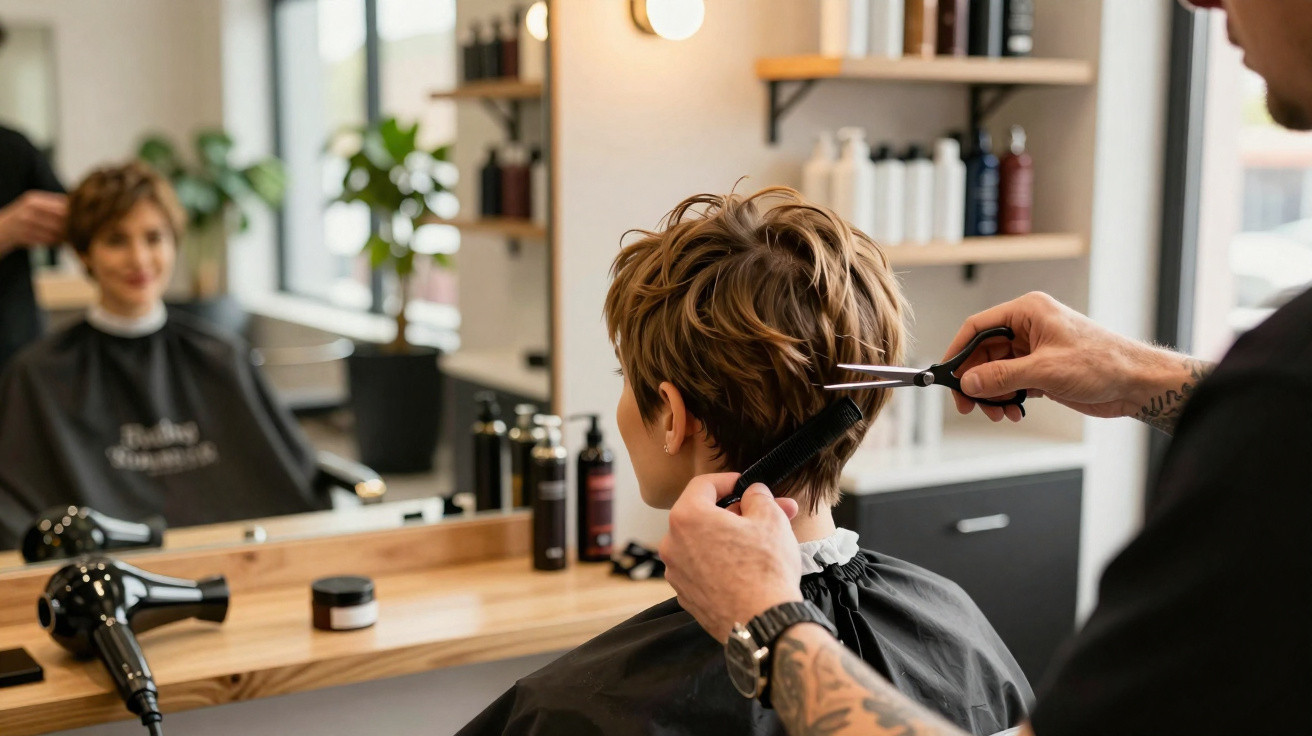 Pessoa com cabelo curto a ser cortada por cabeleireiro num salão moderno com espelho e produtos de cabelo ao fundo.