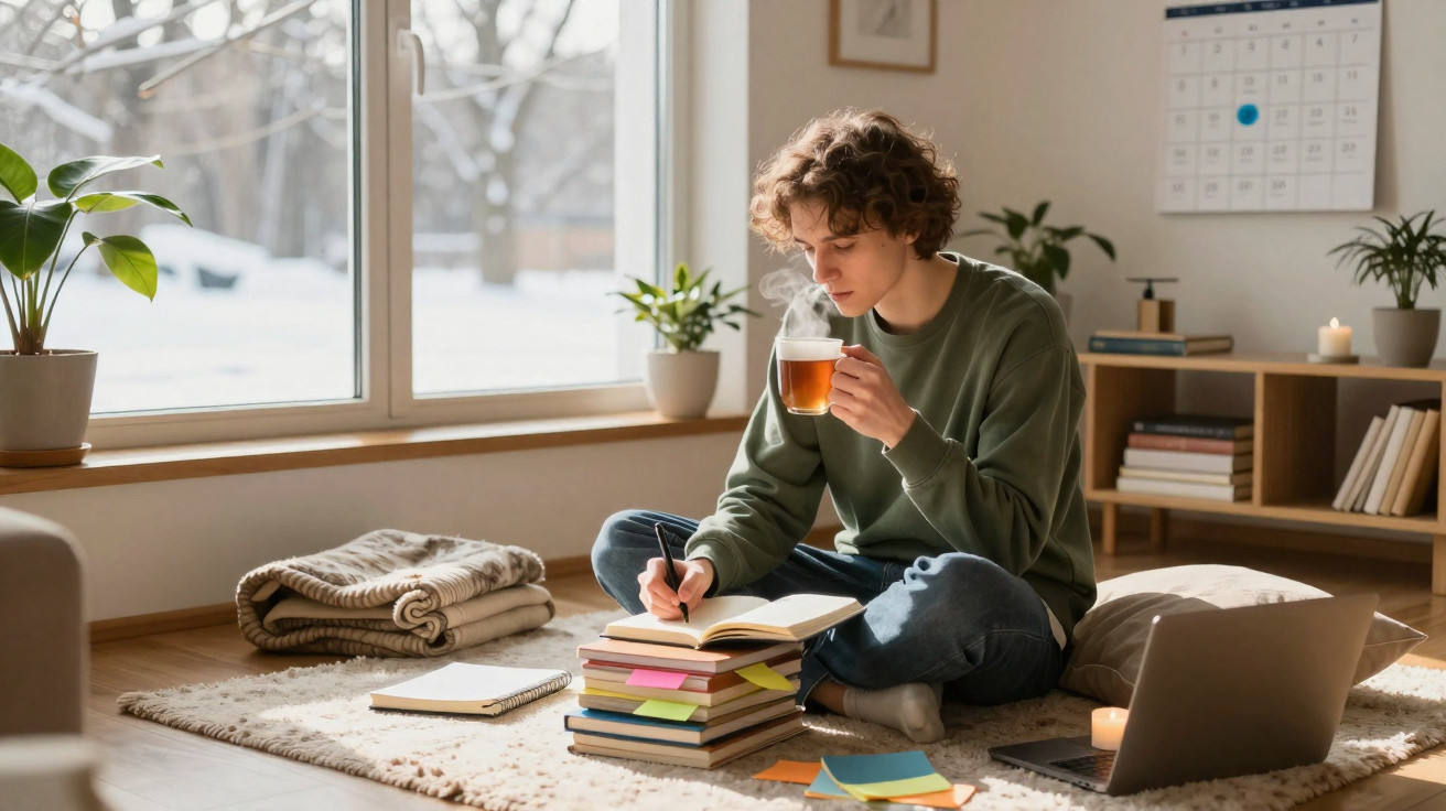 Jovem sentado no chão, a estudar e a beber café, com janela e calendário ao fundo, em ambiente acolhedor.