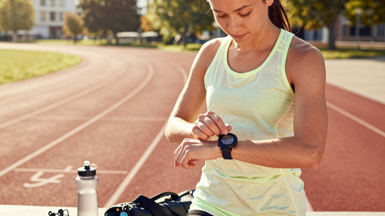 Mulher numa pista de atletismo a olhar para relógio desportivo no pulso, junto a saco e garrafa de água.