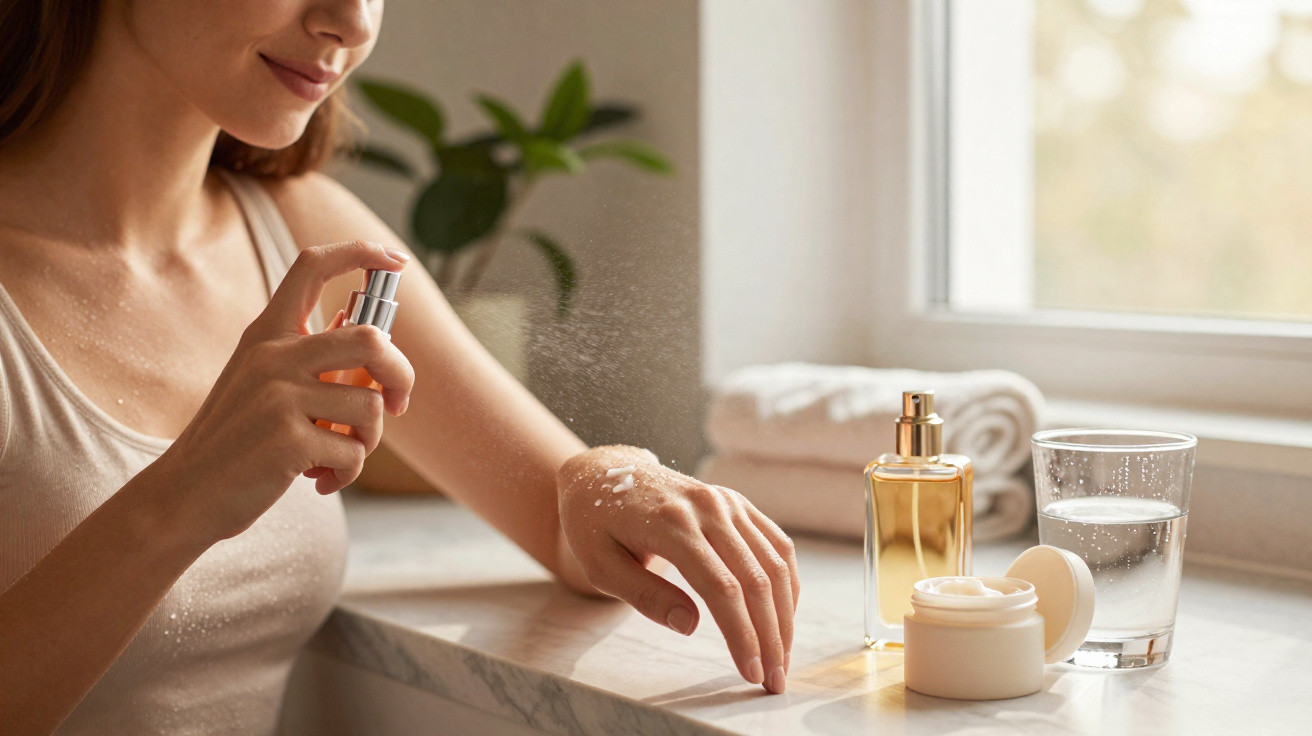 Mulher a aplicar spray de perfume nas mãos junto a frascos de cosméticos numa mesa de mármore.