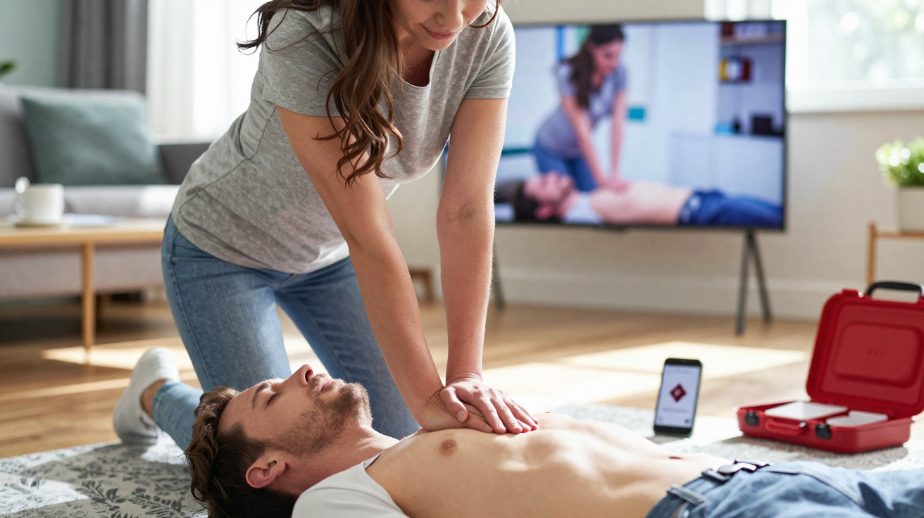 Mulher pratica reanimação cardíaca em homem deitado no chão, seguindo instruções no telemóvel e televisão.