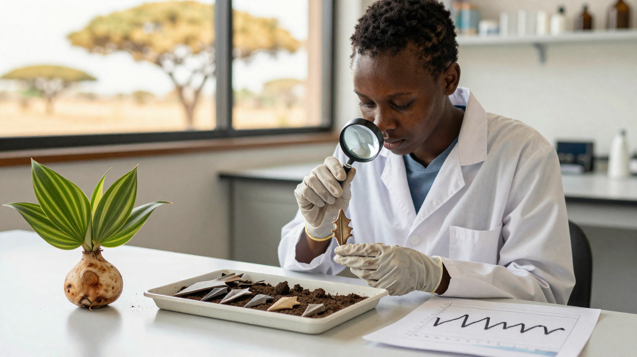 Cientista em laboratório examina amostras de solo com lupa, com gráfico e planta na mesa.