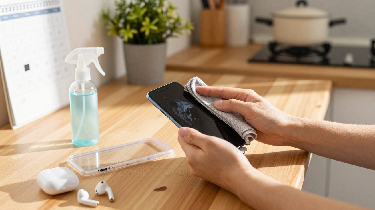 Mãos a limpar um telemóvel com um pano cinzento sobre mesa com outro telemóvel, auriculares e spray desinfetante.