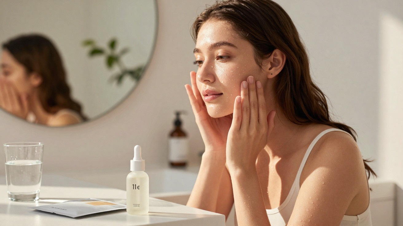 Mulher aplica soro facial num banheiro moderno com espelho redondo e luz natural suave.