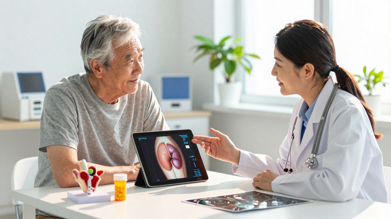 Médica explica exame cardíaco a paciente idoso com tablet numa consulta médica.