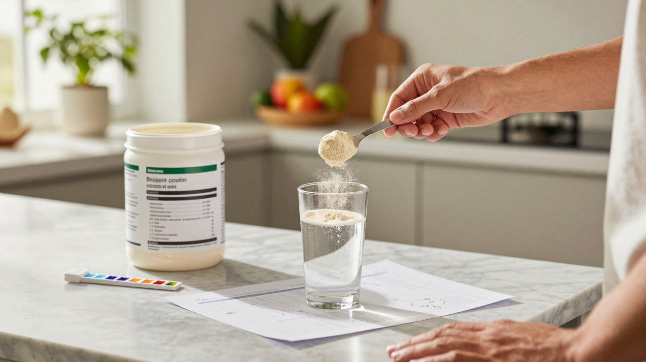 Pessoa a adicionar suplemento em pó num copo de água numa cozinha com recipiente e folha de instruções sobre a bancada.
