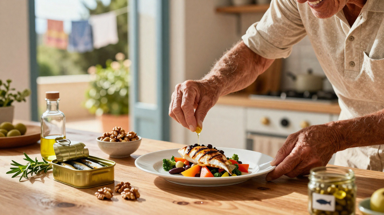 Homem a temperar peixe grelhado com legumes coloridos numa cozinha luminosa.