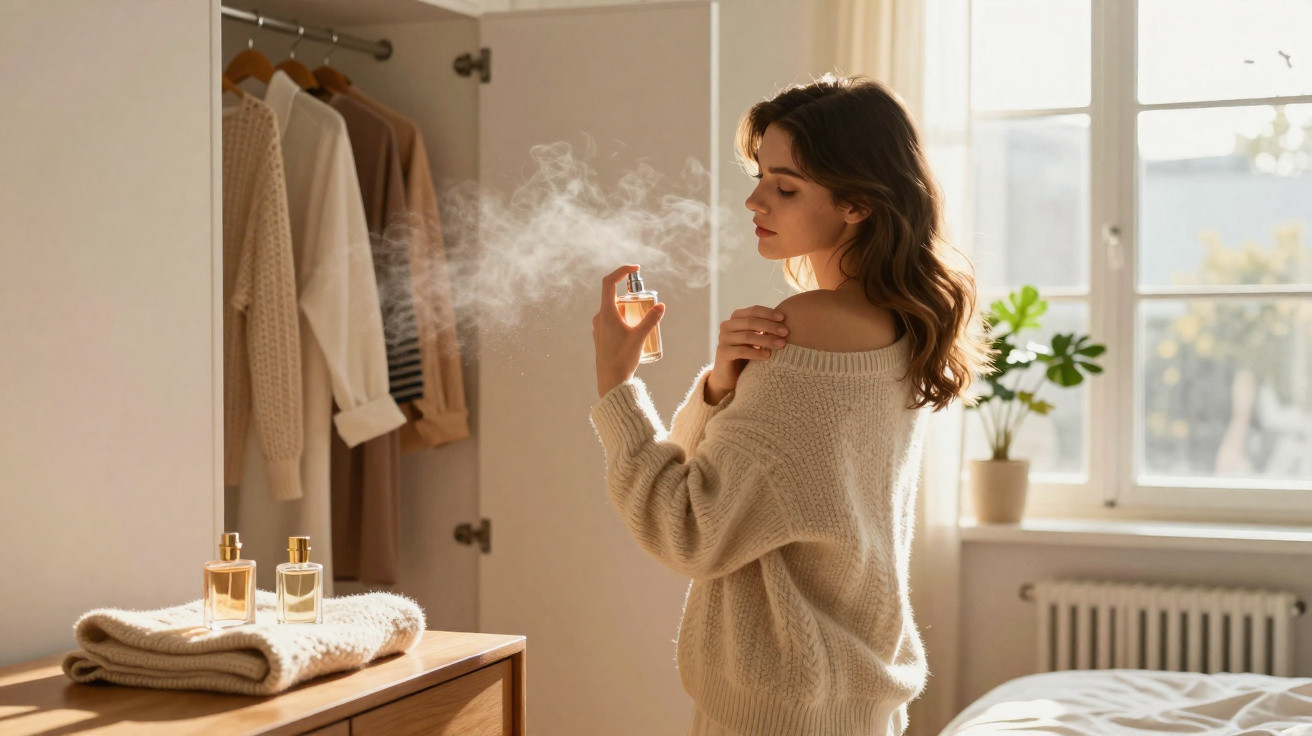 Mulher com camisola bege borrifando perfume num quarto iluminado por luz natural.