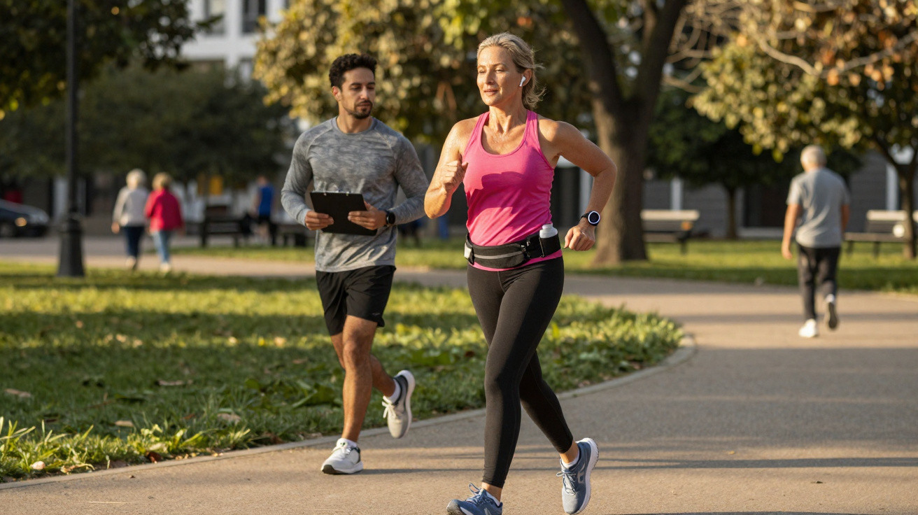 Mulher e homem a correr num parque, com árvores e pessoas a caminhar ao fundo.