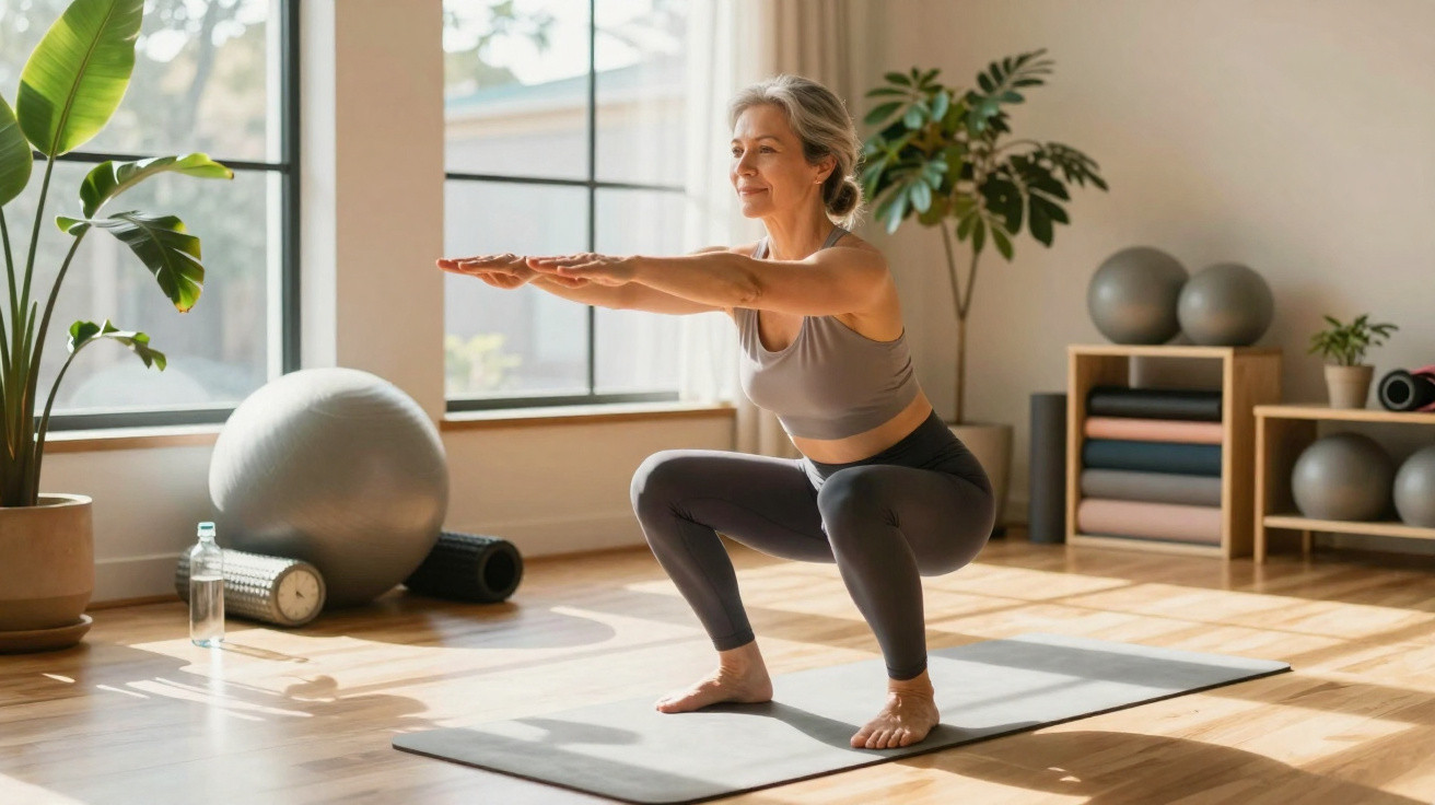 Mulher faz exercício de agachamento num tapete de yoga em sala iluminada e decorada com plantas e equipamentos.