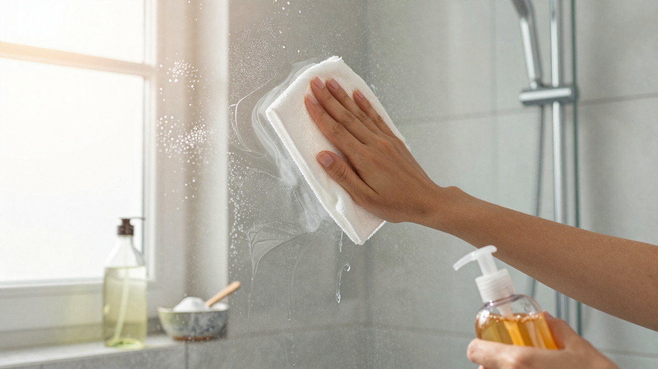 Mão a limpar um vidro do chuveiro com um pano branco, segurando um frasco de sabão líquido.