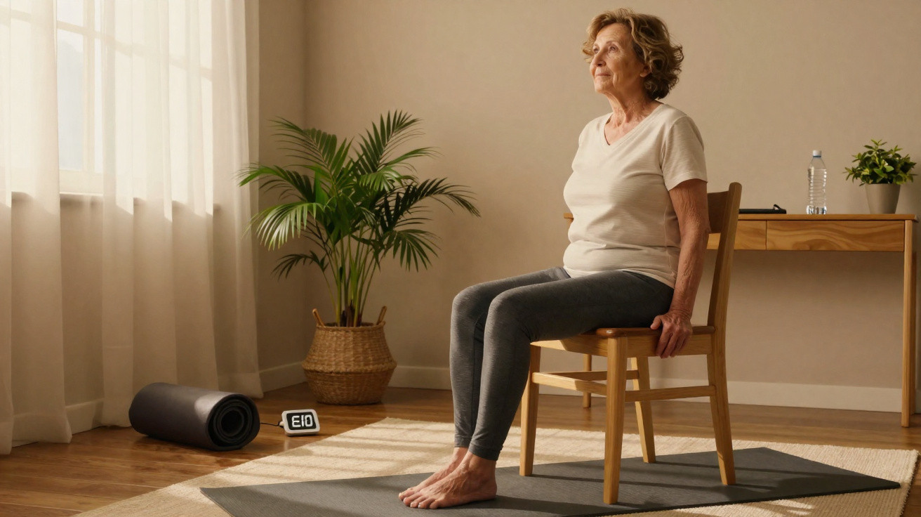 Mulher idosa faz exercício sentado numa cadeira numa sala iluminada com plantas e tapete cinzento.