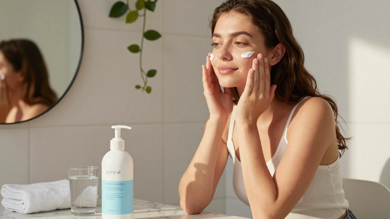 Mulher aplica creme facial, sentada junto a frasco de loção, copo de água e toalha numa mesa branca.