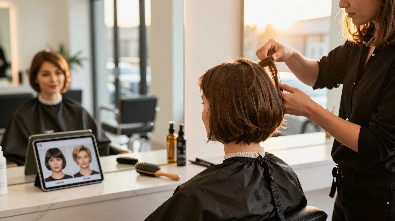 Cliente sentada numa cadeira de cabeleireiro a escolher corte de cabelo em tablet, profissional a preparar cabelo.
