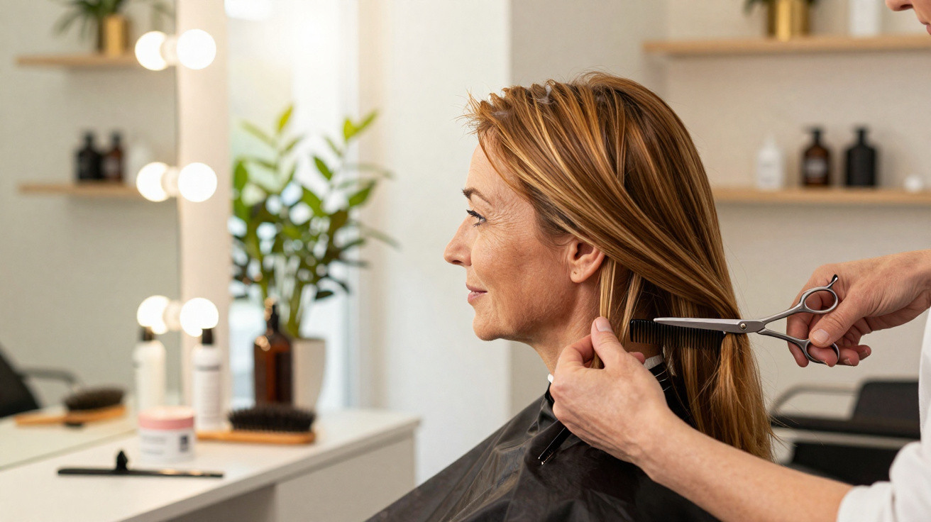 Mulher loira a cortar o cabelo num cabeleireiro, com espelho, plantas e produtos de beleza ao fundo.