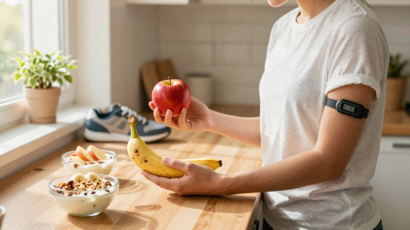 Pessoa com pulseira de monitorização segurando maçã e banana junto a tigelas de fruta e iogurte na cozinha.