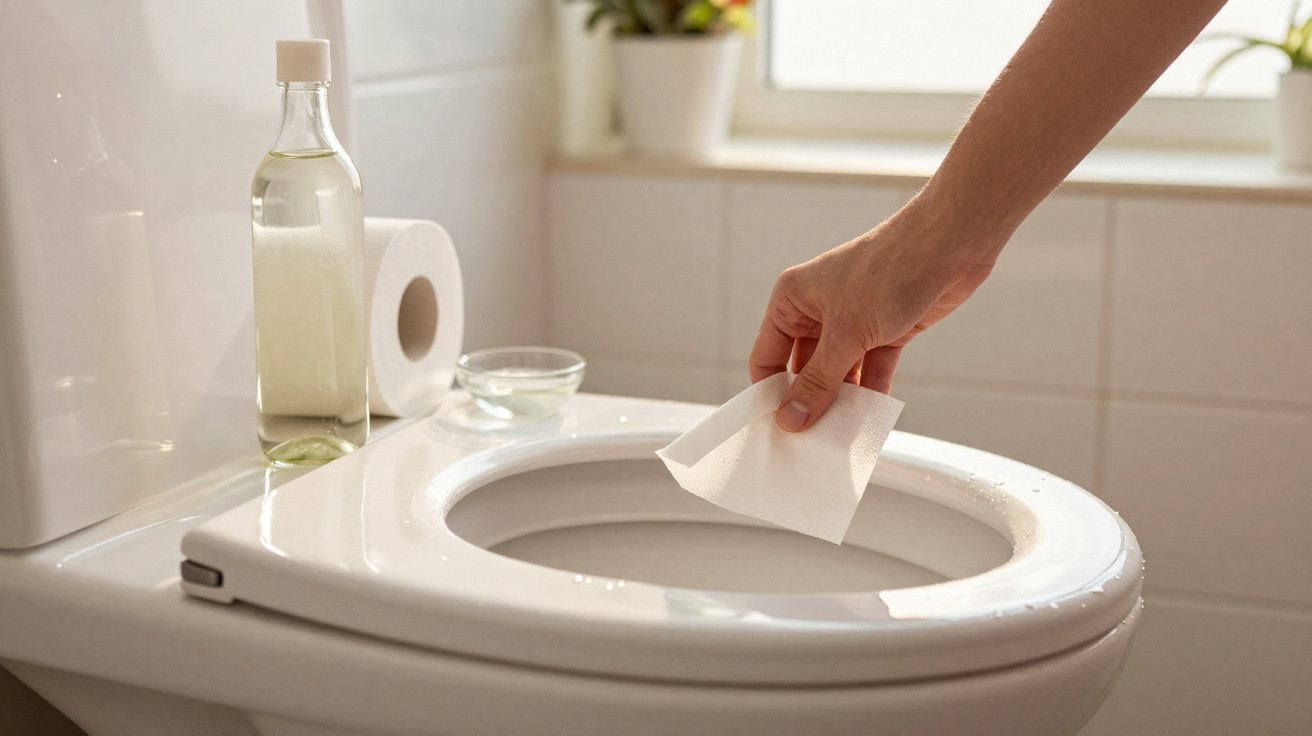 Mão a limpar a sanita branca com um pano húmido, com garrafa e rolo de papel no fundo.