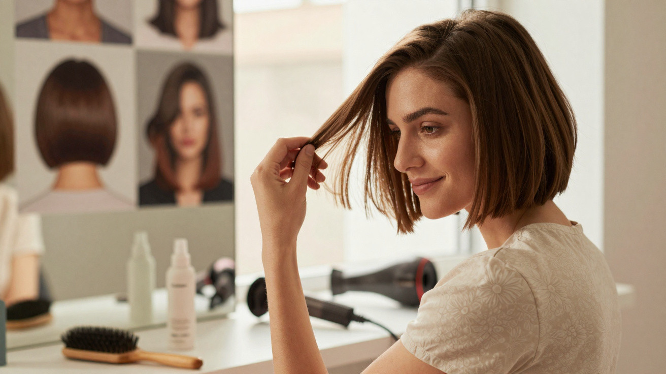 Mulher com cabelo curto a olhar o cabelo num espelho num salão de beleza moderno, sorrindo.
