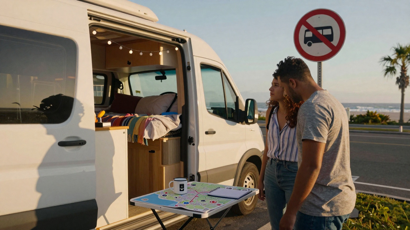 Casal junto a campervan branca com mesa e mapa na beira da estrada ao pôr do sol.