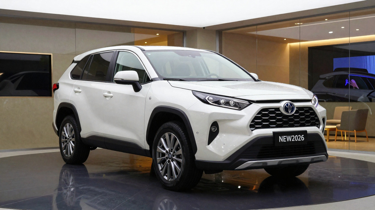 Carro SUV branco Toyota novo modelo 2026 numa exposição moderna com iluminação interior.