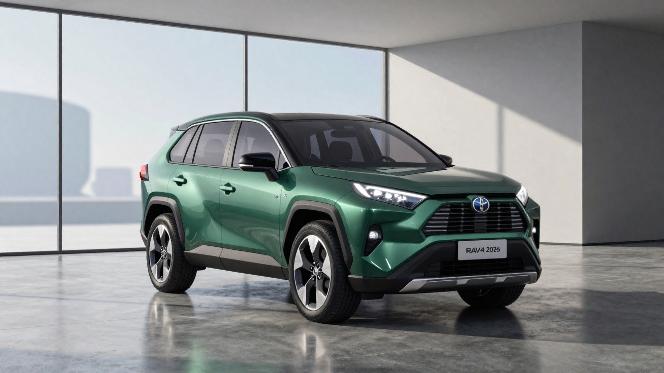 Toyota RAV4 2025 verde, SUV estacionado em espaço interior moderno e minimalista.