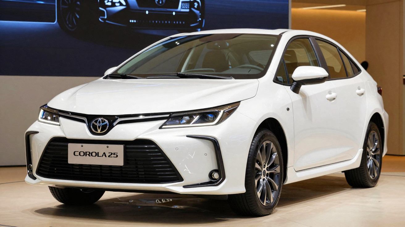 Carro Toyota Corolla 25 branco exposto em salão automóvel com ambiente interior moderno.