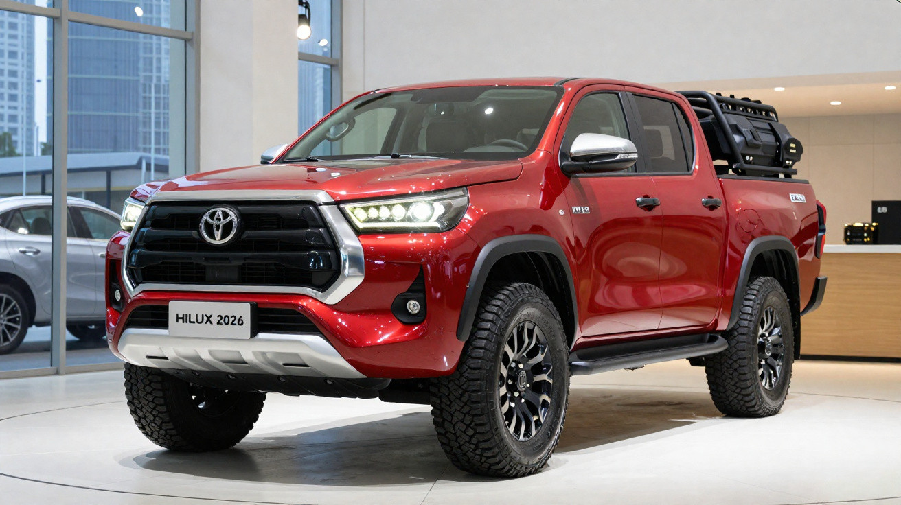Picape Toyota Hilux 2026 vermelha, vista frontal em exposição interior com luzes LED ligadas.