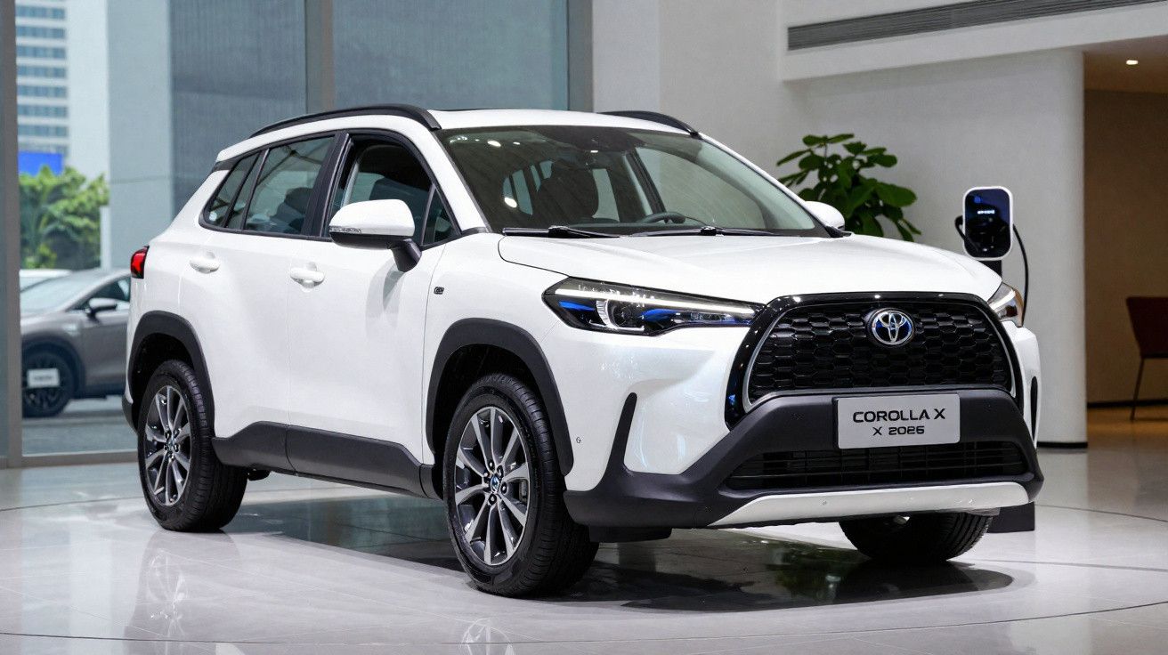 Automóvel Toyota Corolla X 2026 branco em exposição interior com tomada de carregamento elétrica.