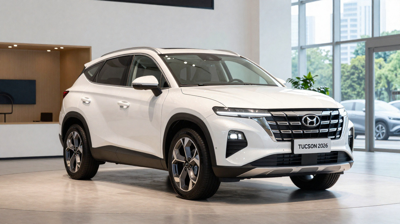 Carro SUV branco Hyundai Tucson 2026 em exposição numa sala moderna com grandes janelas.
