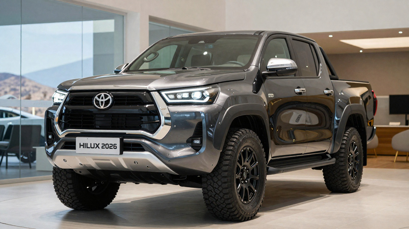 Pick-up Toyota Hilux 2026 cinzenta em exposição num showroom moderno.