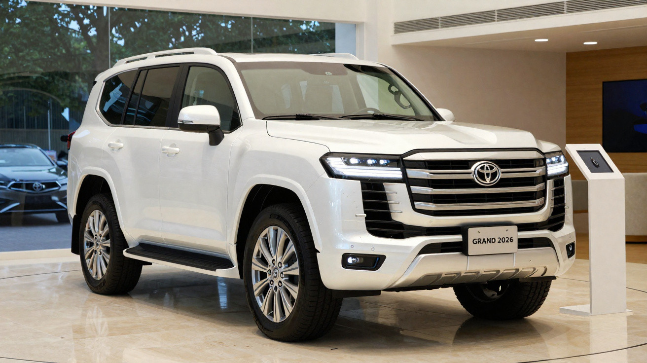 Veículo Toyota Land Cruiser Grand 2026 branco exposto numa sala com chão polido e parede de vidro.