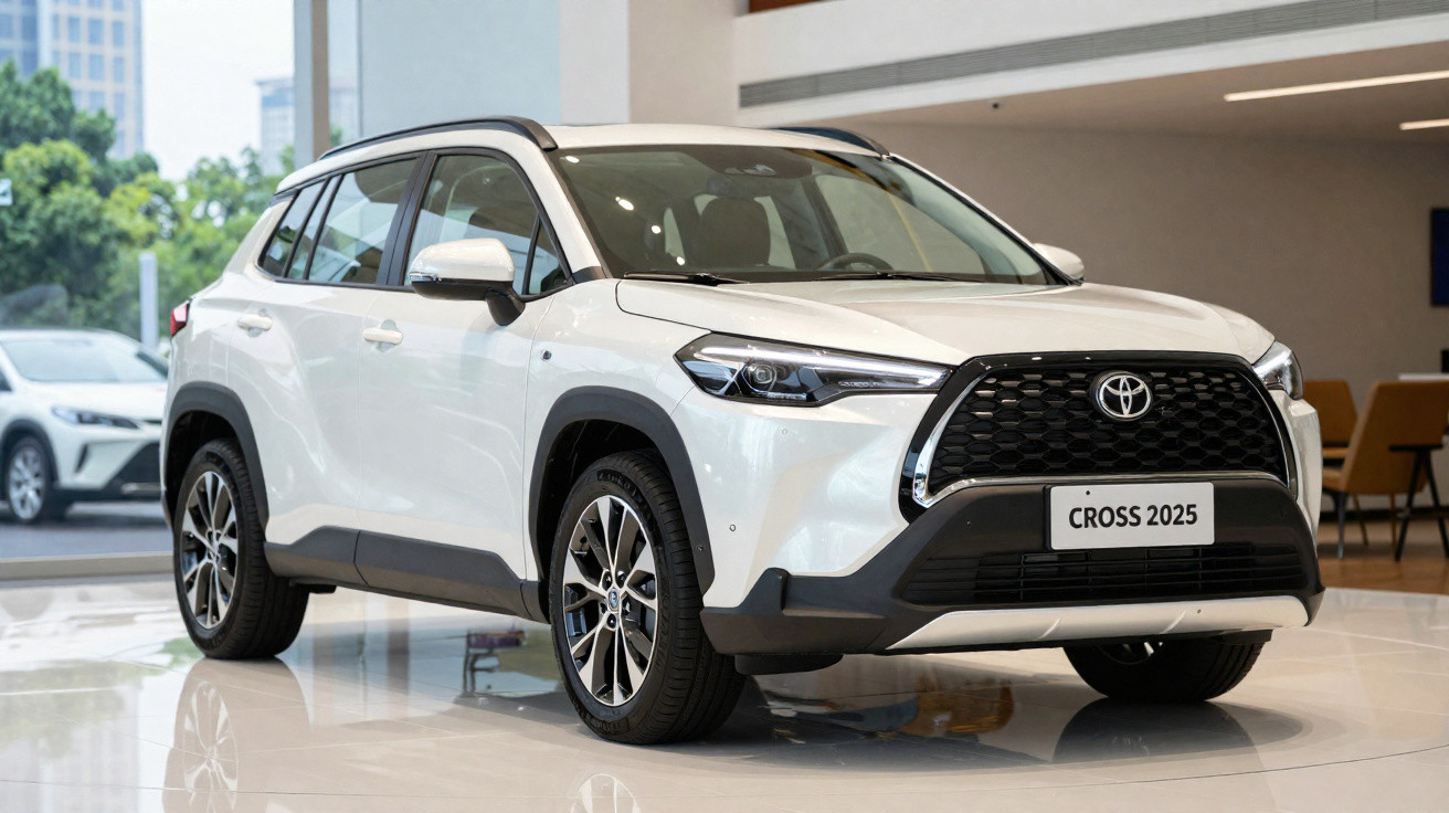 Automóvel Toyota Cross 2025 branco exposto num salão com grandes janelas e chão brilhante.