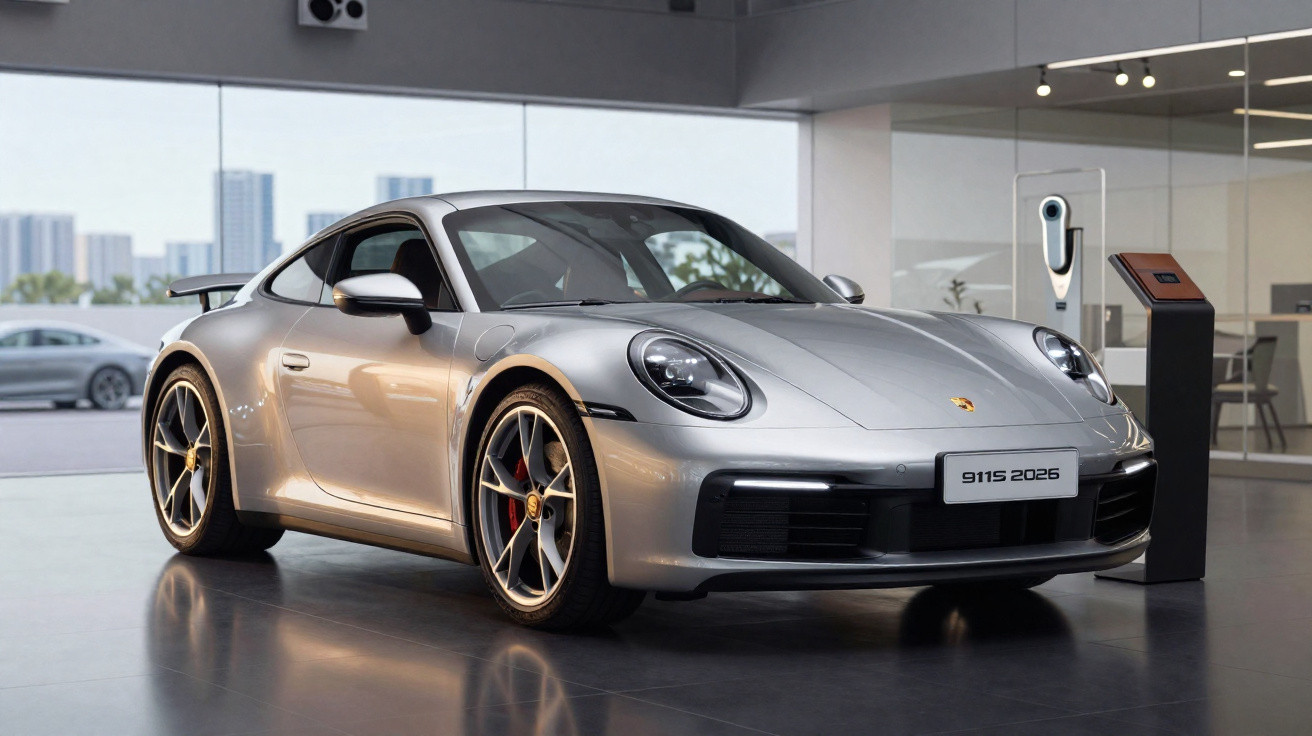 Carro desportivo Porsche 911 prata modelo 2026 em exposição num salão moderno e iluminado.