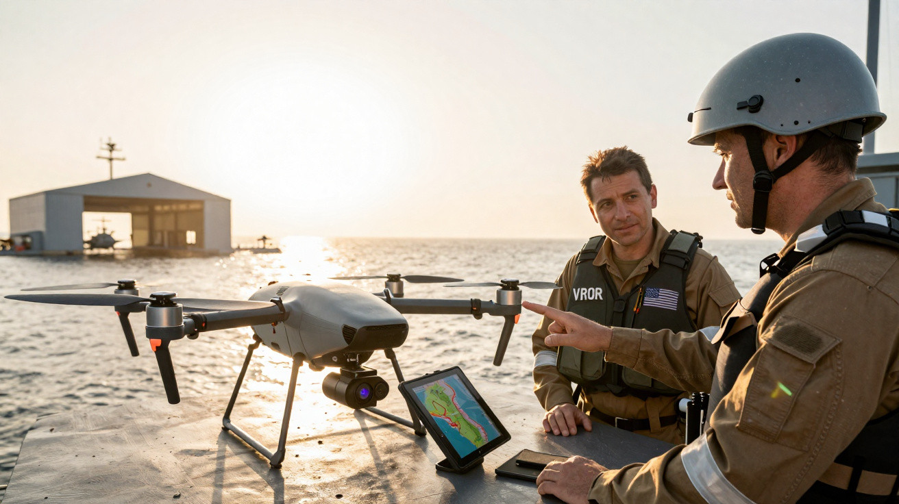 Dois militares junto a um drone e um tablet com mapa, num cais ao pôr do sol, assistindo ao mar.