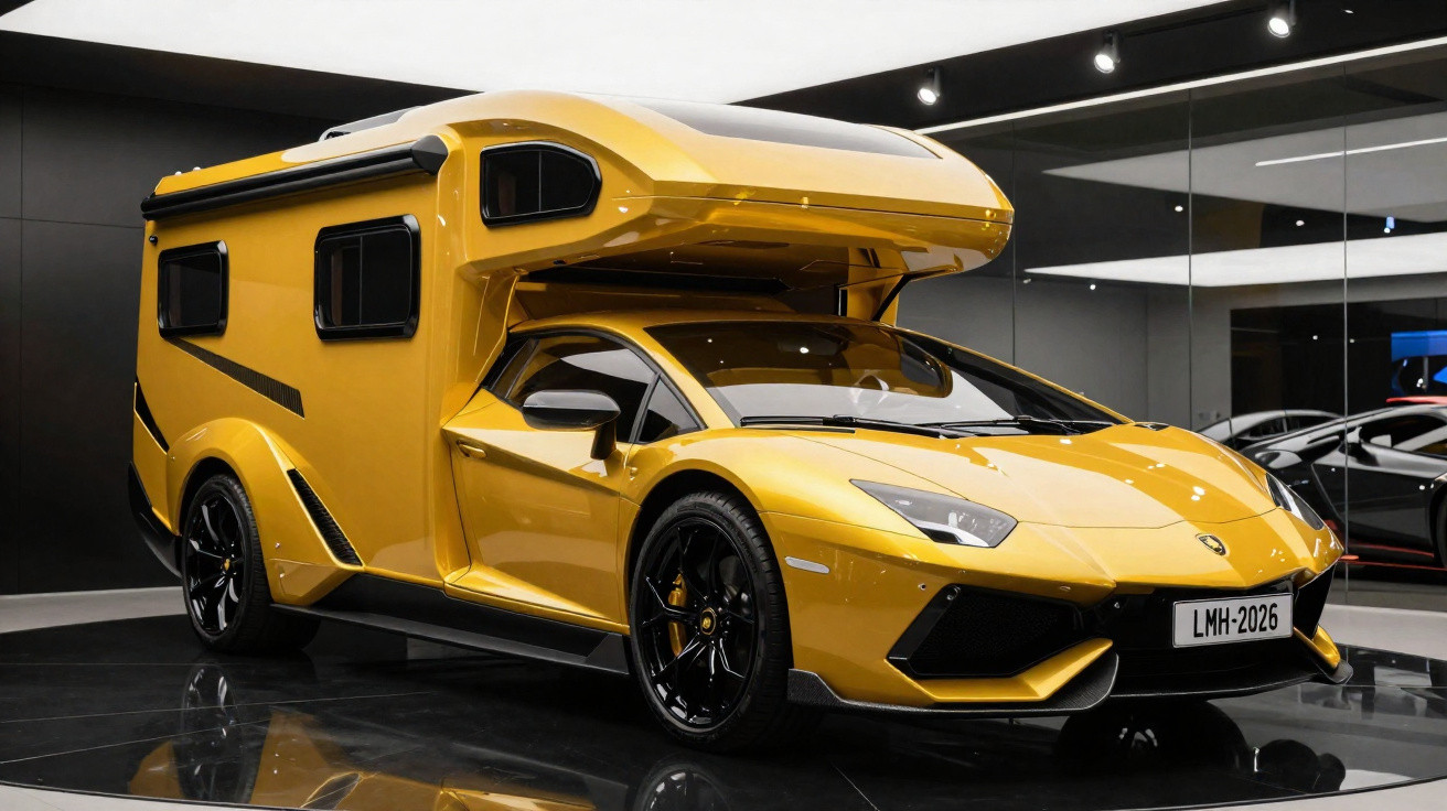 Camper amarelo brilhante com base de carro desportivo, exibido numa sala moderna e iluminada.