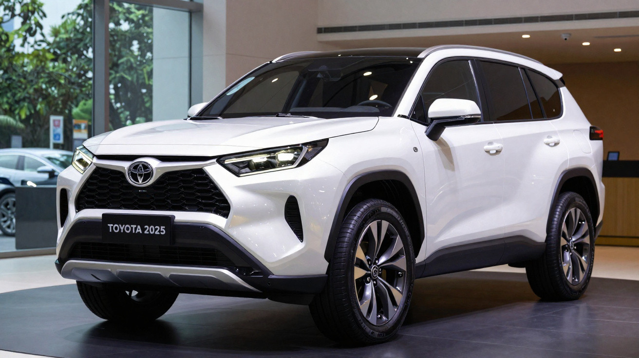 Carro SUV branco Toyota 2025 exibido em showroom moderno com jantes grandes e design robusto.
