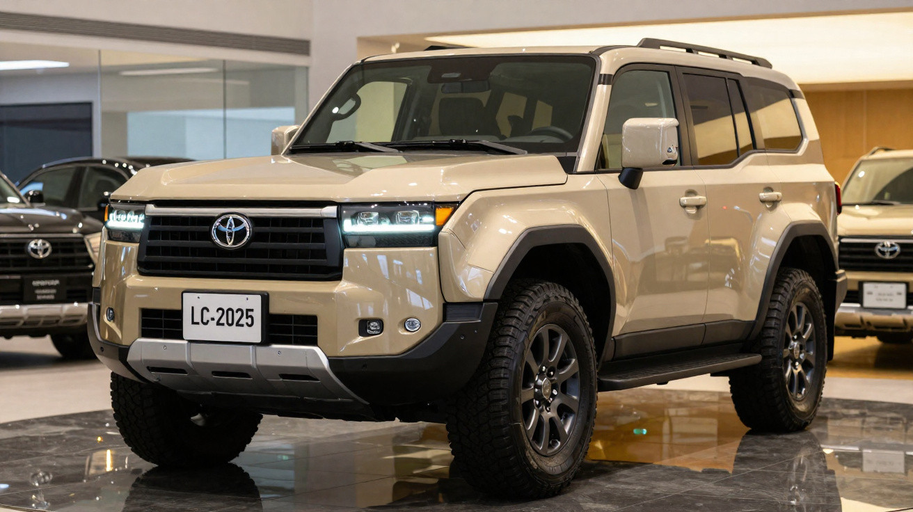 Carro Toyota Land Cruiser 2025 bege em exibição numa concessionária moderna.
