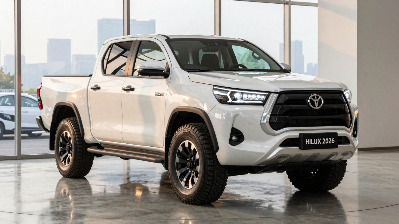 Picape Toyota Hilux 2026 branca em espaço interior com janelas grandes e chão refletor.