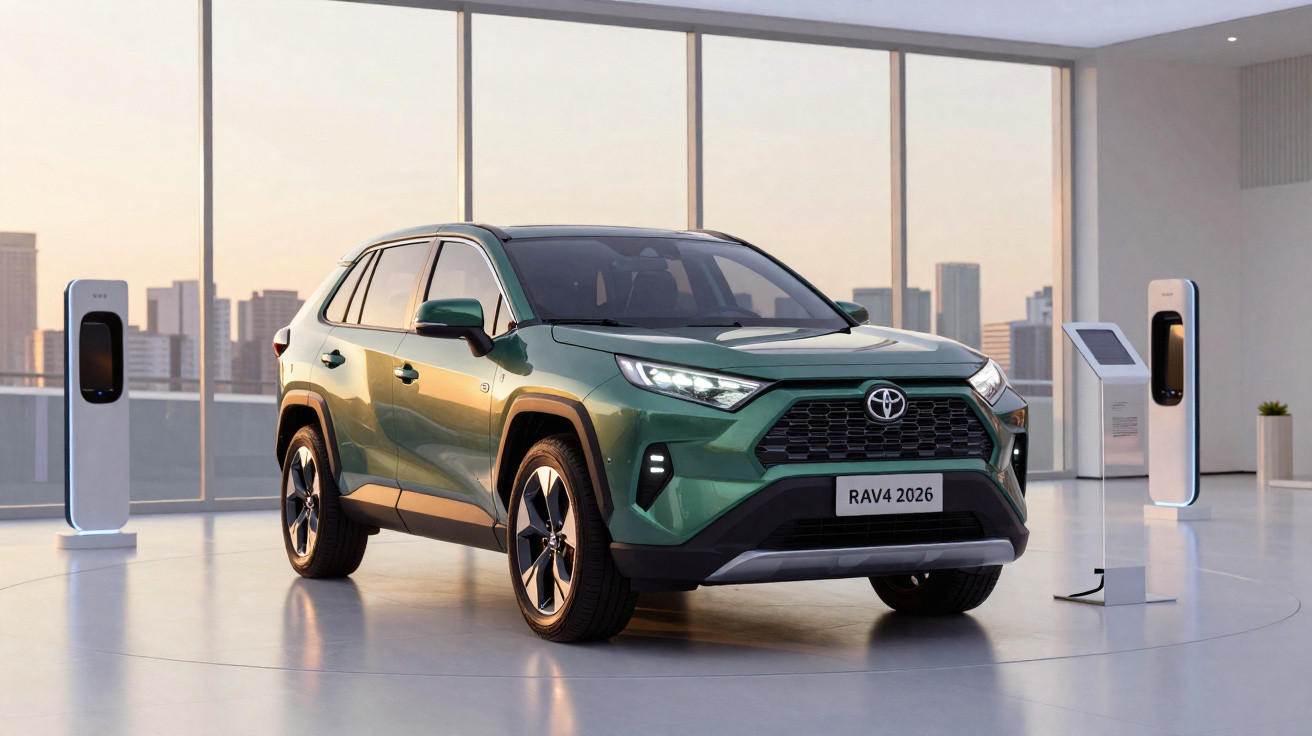 Carro Toyota RAV4 2026 verde estacionado em espaço moderno com janelas amplas e postos de carregamento elétrico.