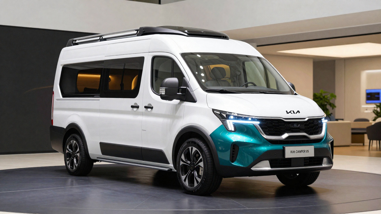 Carrinha Kia Camper RS branca com detalhes em verde e luzes LED, exibida em ambiente interior moderno.