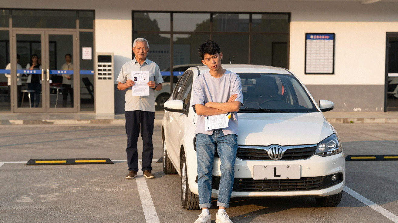 Jovem e idoso com documentos ao lado de carro branco numa zona de estacionamento em dia soalheiro.